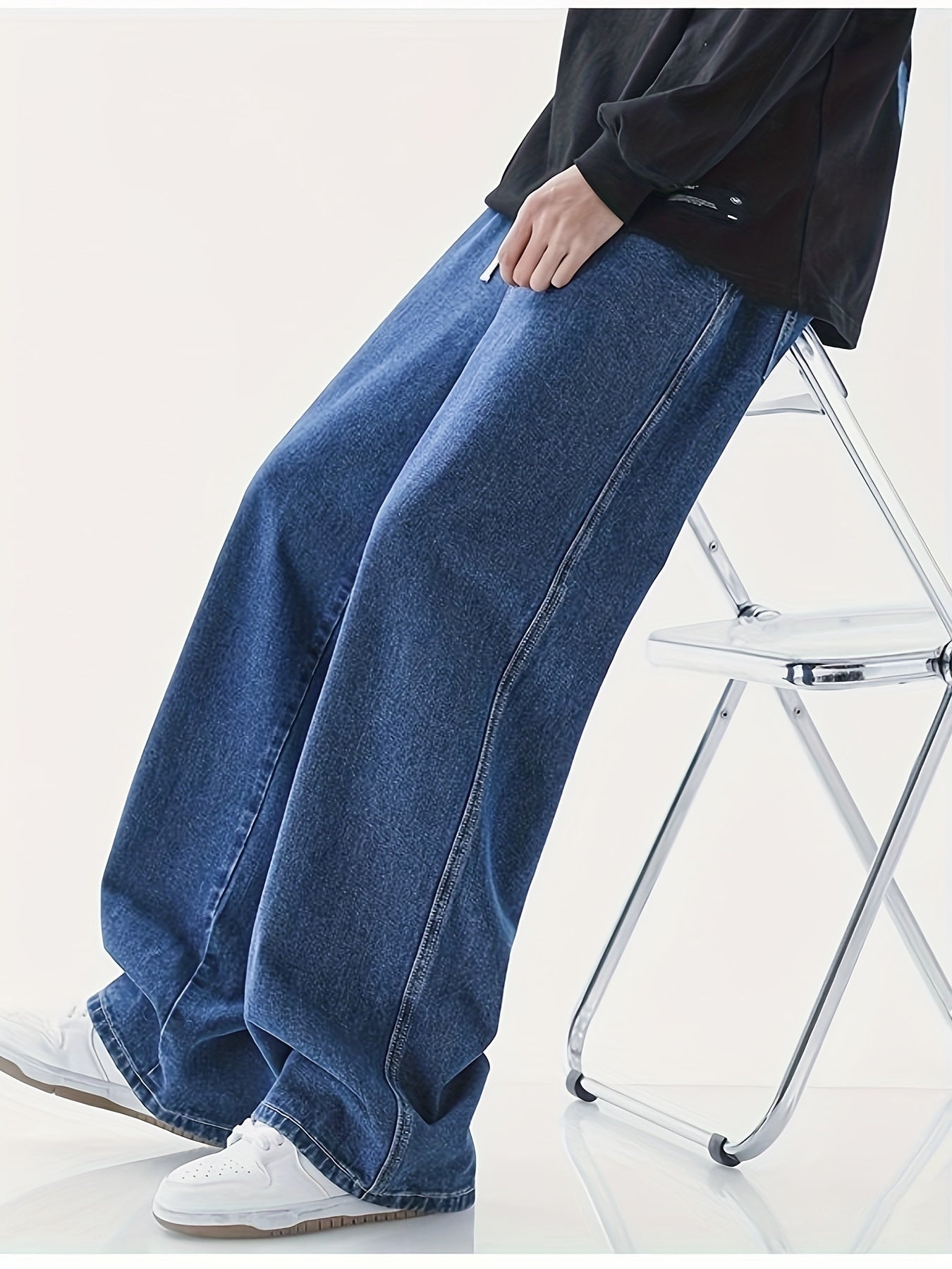 Maxct Wide Leg Cotton Jeans, Men's Casual Street Style Loose Fit Denim Pants For Spring Summer