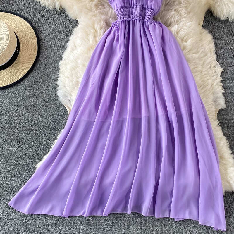Chiffon Dress Women Sexy Slash Neck Ruffle Robe Elegant Ruffle High Waist Vestidos Female Beach Vacation New