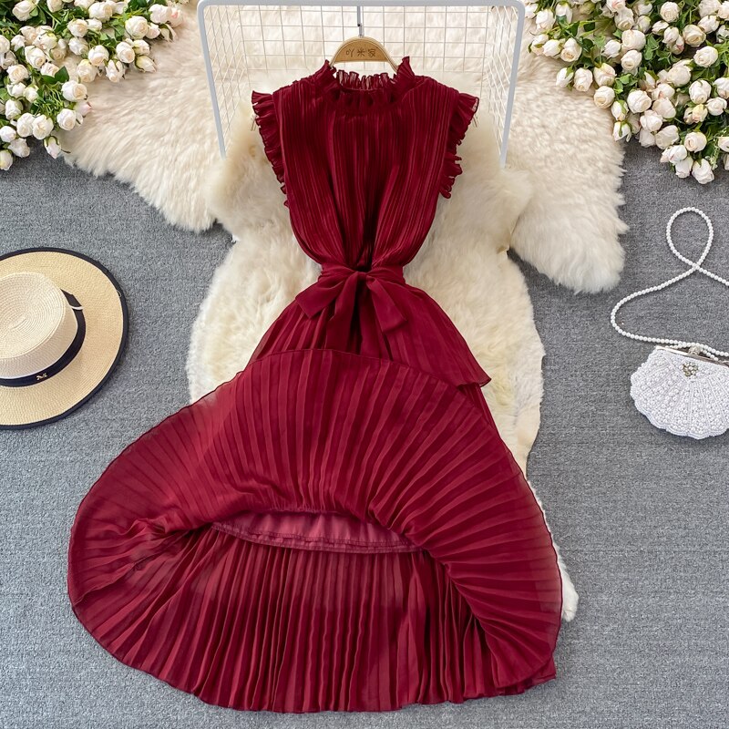 Women's Purple/Pink/Green Draped Dress Vintage Ruffle Stand Collar Sleeveless High Waist Party Pleated Vestidos Female New