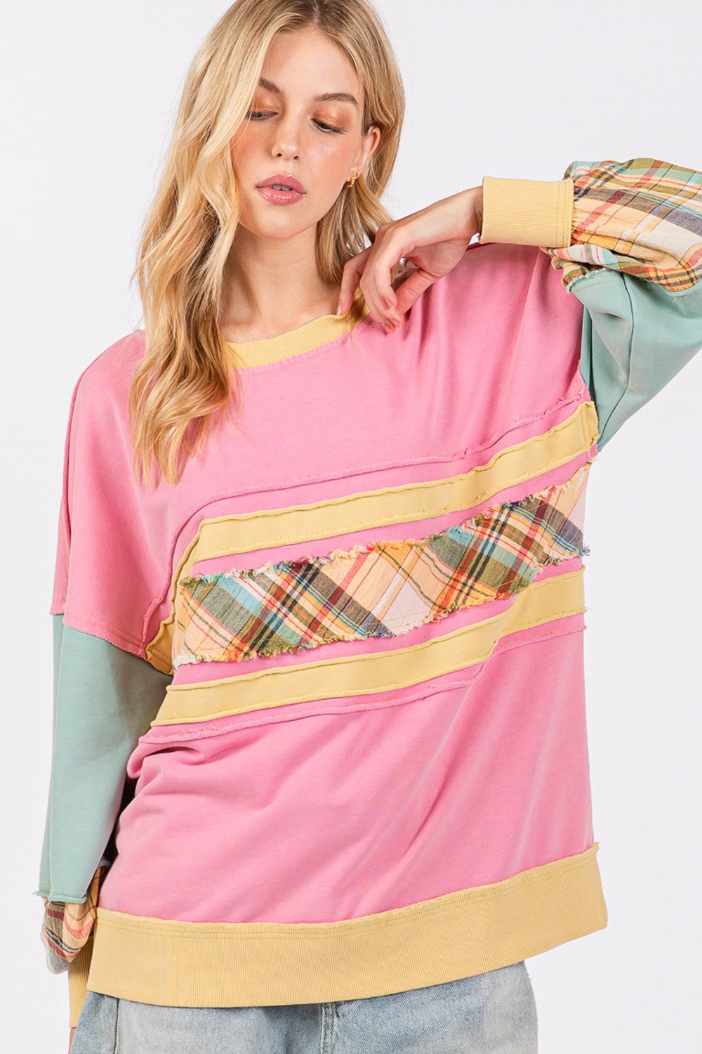 Maxct &SAGE + FIG Mineral Wash Raw Edge Color Block Sweatshirt