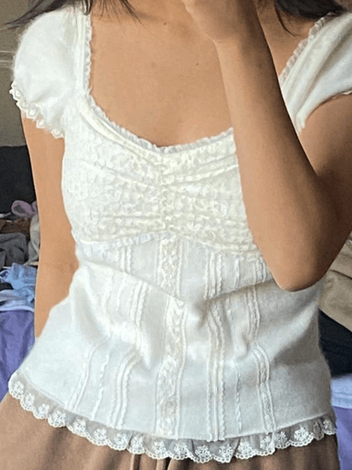 Maxct Paneled Lace White Puff Sleeve Blouse