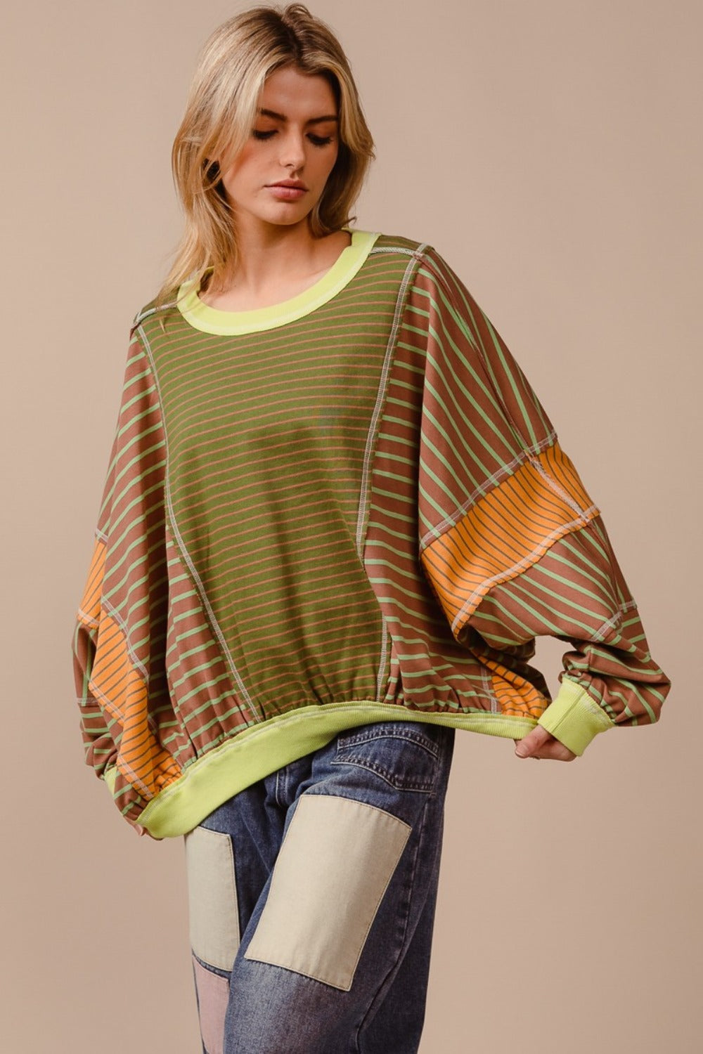 Maxct &BiBi Color Block Striped Round Neck Sweatshirt