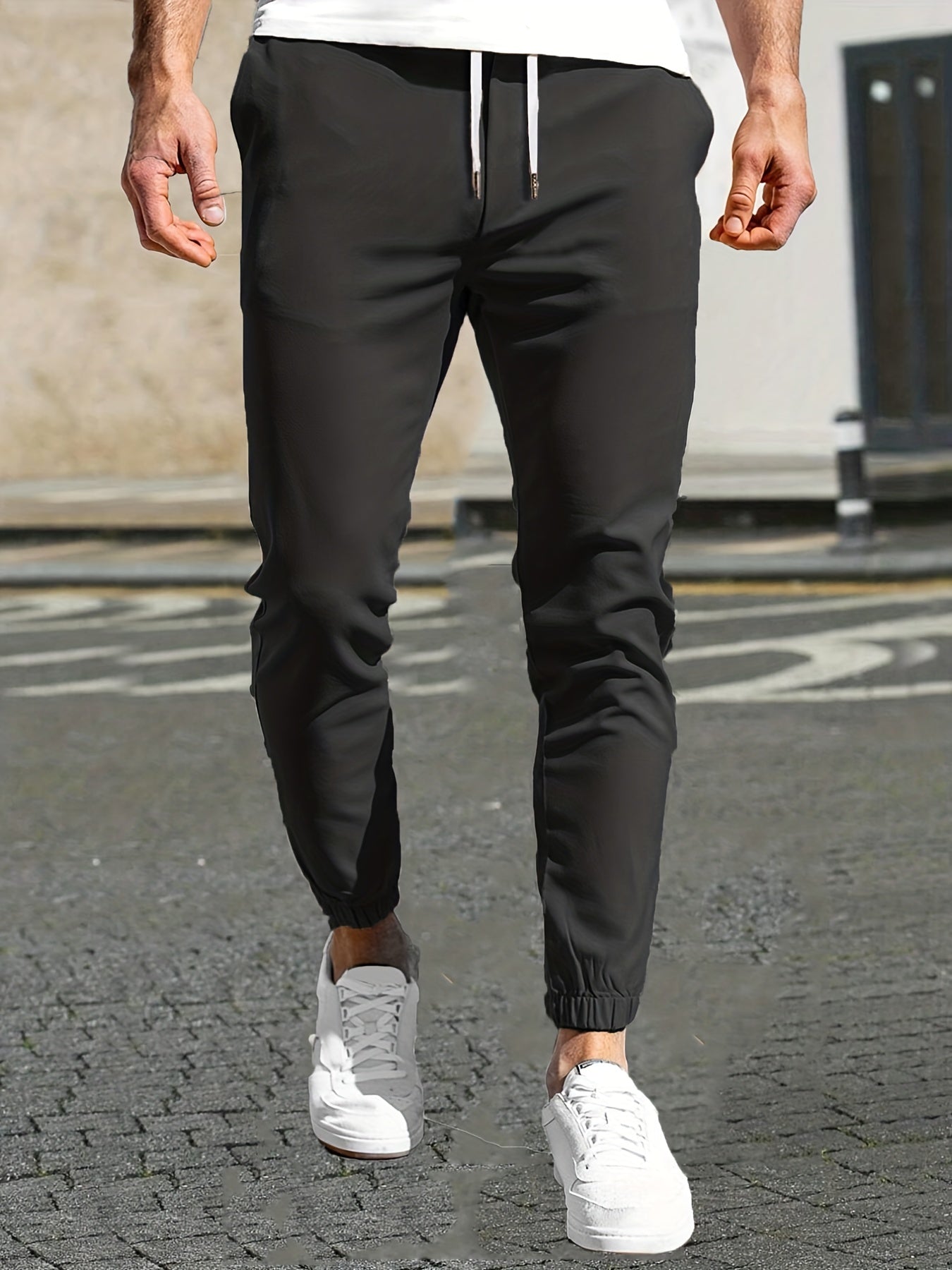 Maxct  Slim Pockets Classic  Trousers, Men's Casual Solid Color Lace-up Pants For Spring And Autumn