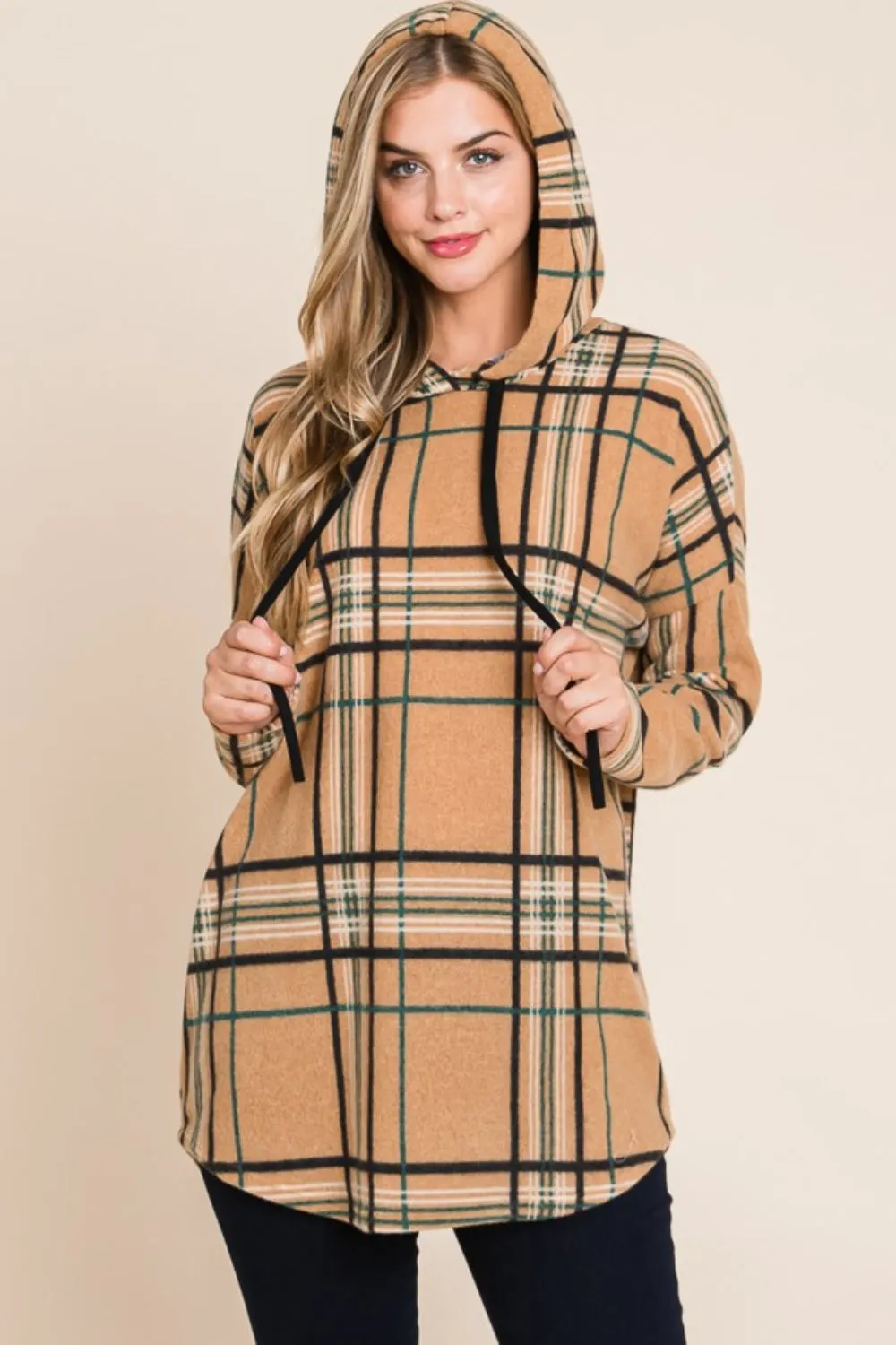 Maxct &BOMBOM Drawstring Plaid Long Sleeve Hoodie