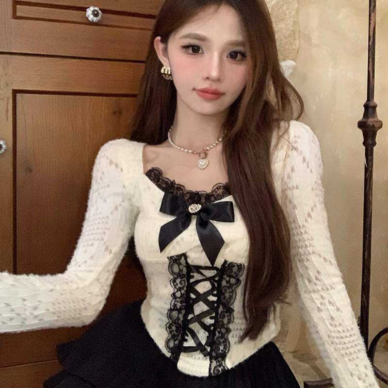Maxct Women's Elegant Long Sleeve Crop Tops Bowknot Lace Patchwork Sweetheart Neckline Spring Fall Casual Slim Fit T-Shirts