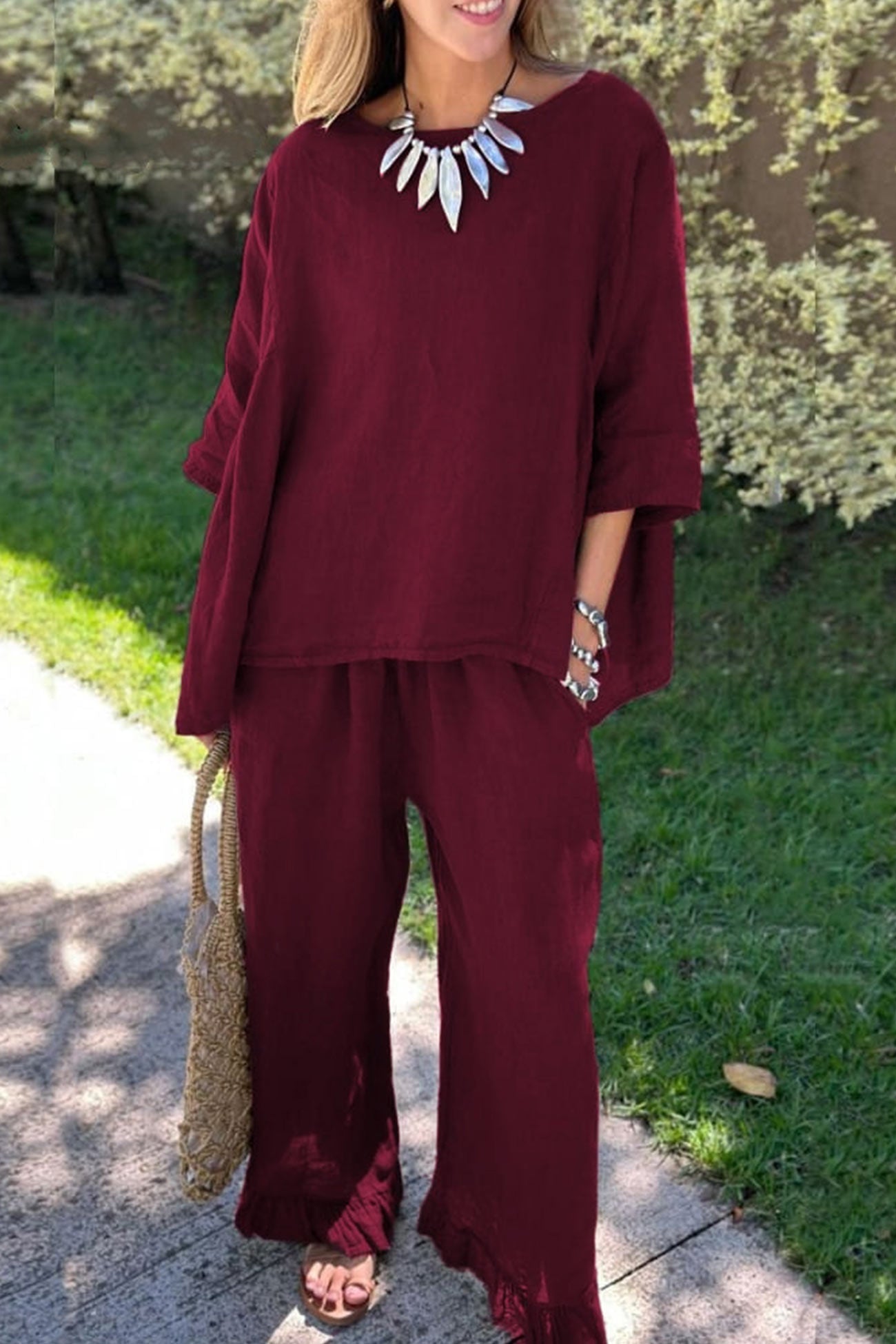 Maxct Half Sleeve Tops Fringe Hem Long Pants Set