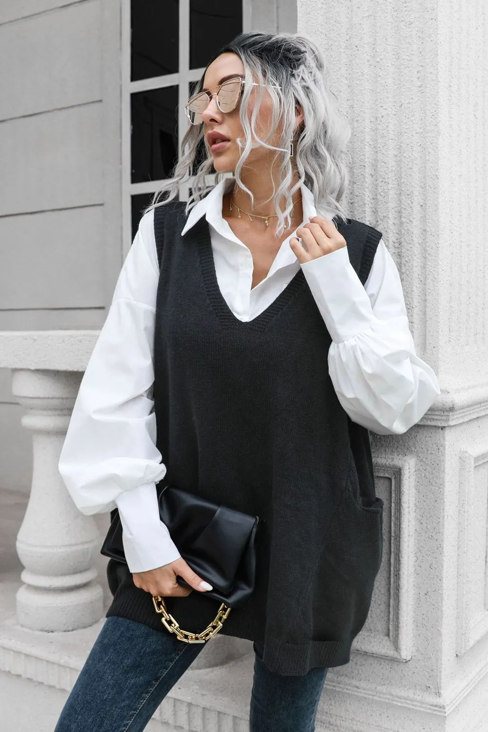 Maxct &V-Neck Sleeveless Sweater Vest with Pocket
