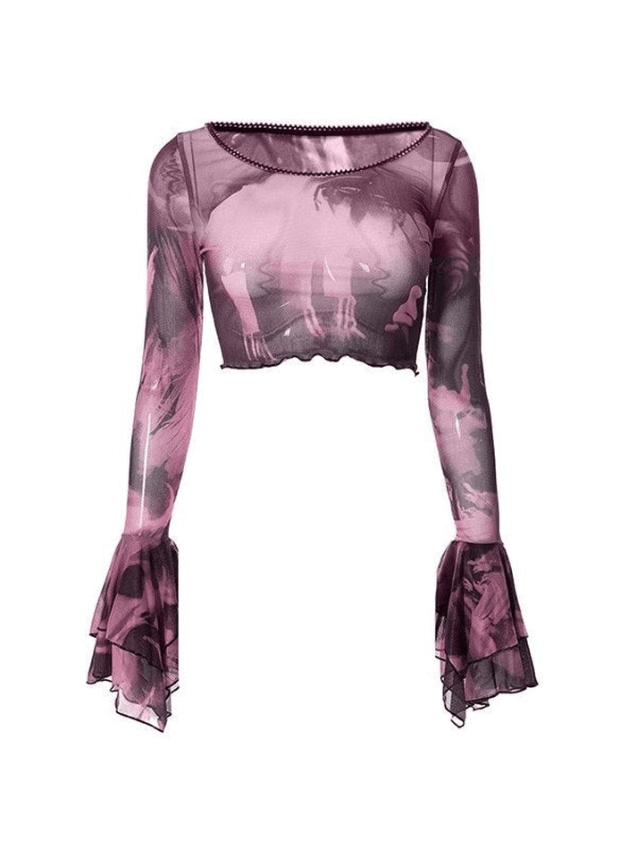 Maxct Cropped Flare Cuffs Mesh Blouse
