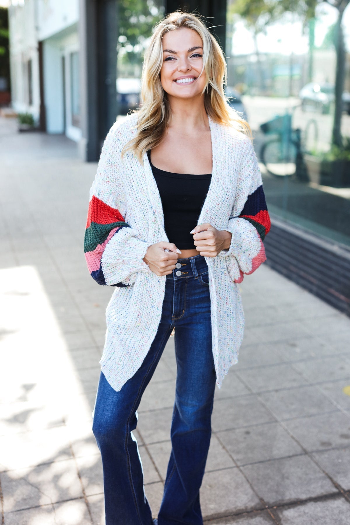 Maxct &Weekend Ready Ivory Multicolor Mixed Thread Bubble Sleeve Cardigan
