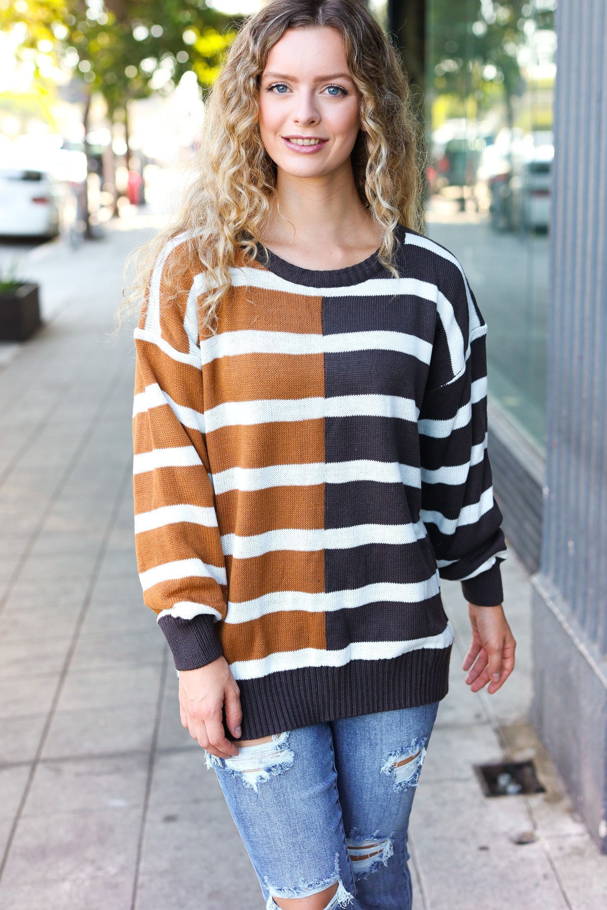 Maxct &Camel & Charcoal Striped Color Block Sweater