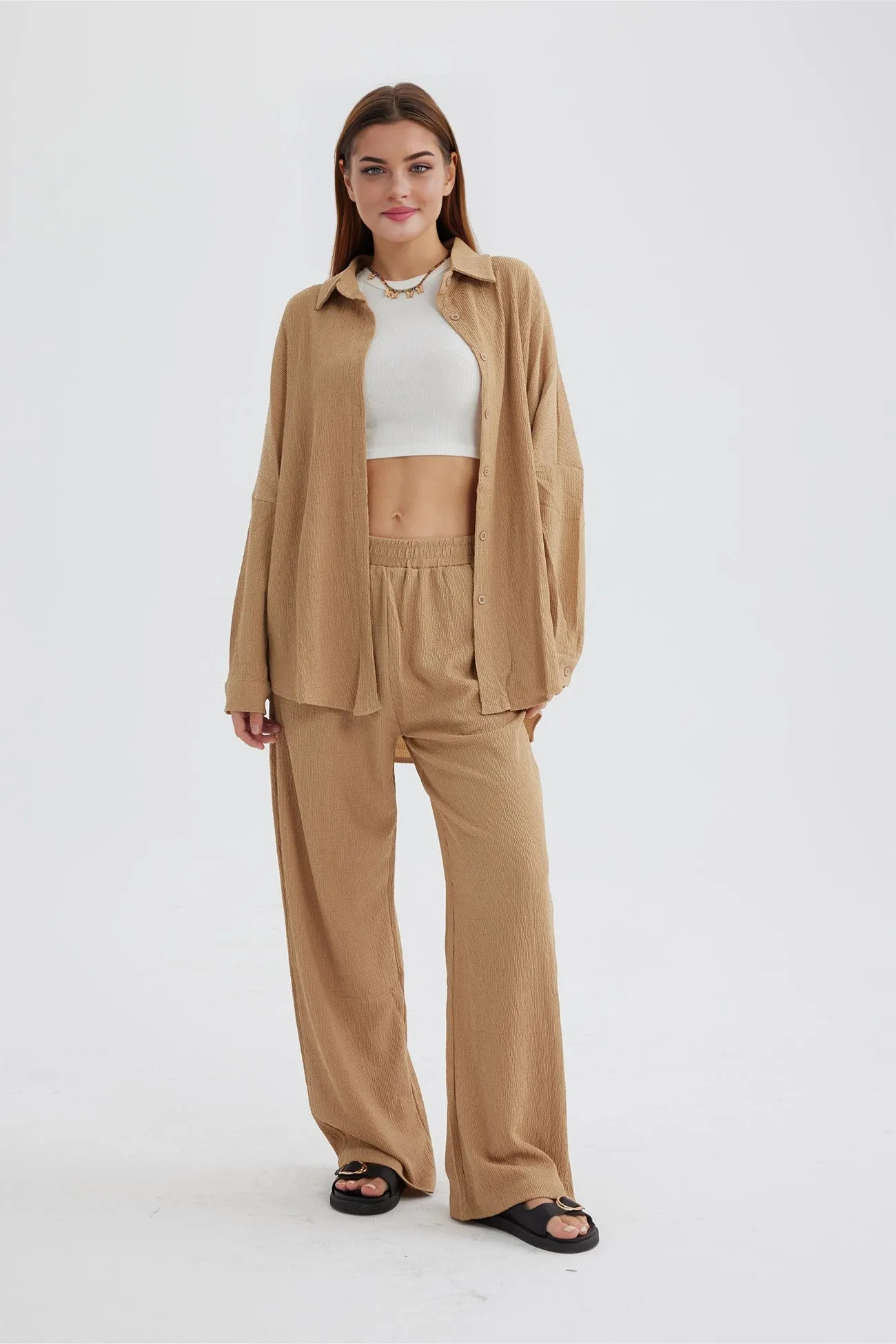 Maxct Two Piece Solid Color Long Sleeve Shirt Long Pants Set