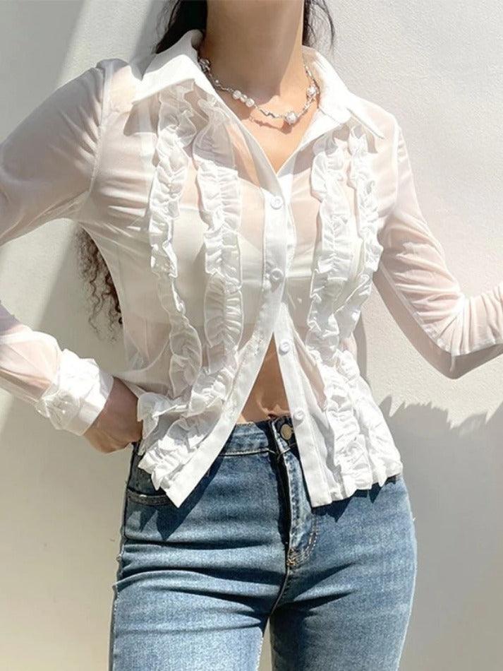 Maxct-Ruffle Trim Sheer Mesh Long Sleeve Blouse