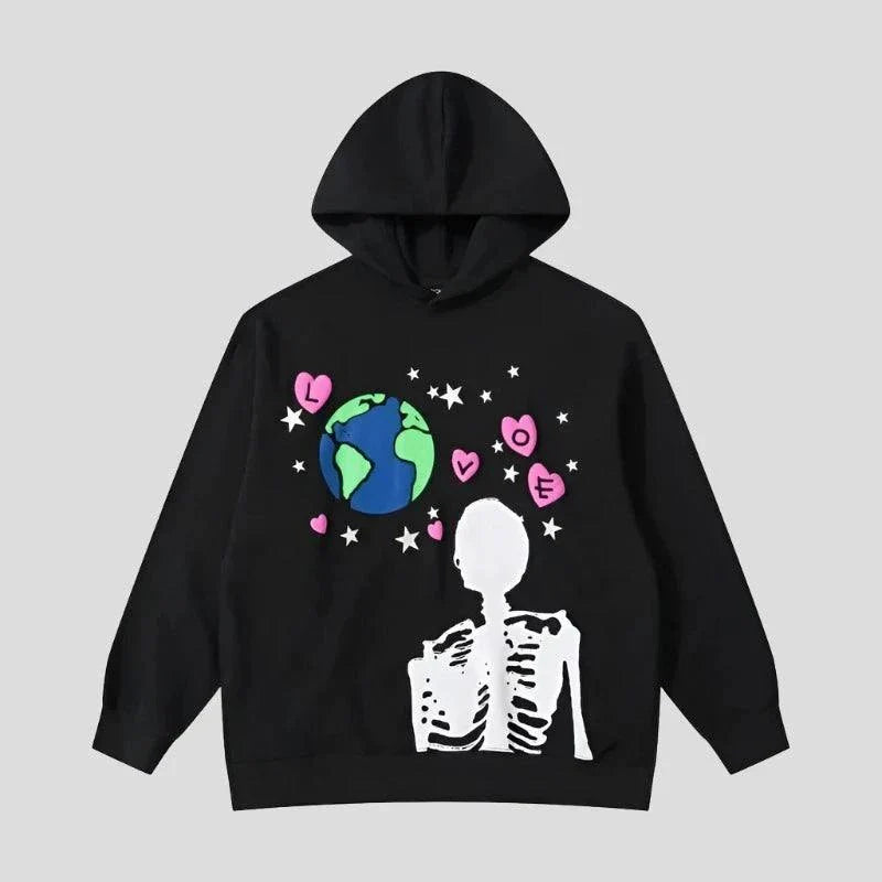 Cosmic Love Skeleton Hoodie Retro Street Vibes with Earthly Affection for Men Maxct