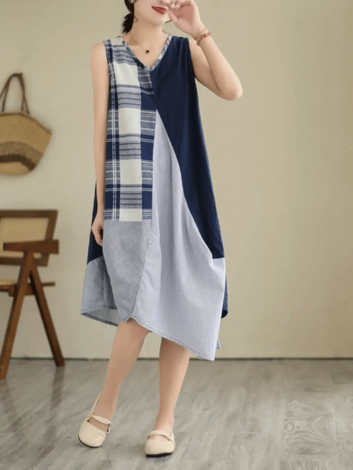 Maxct Women Patchwork Cotton Linen Midi Dress