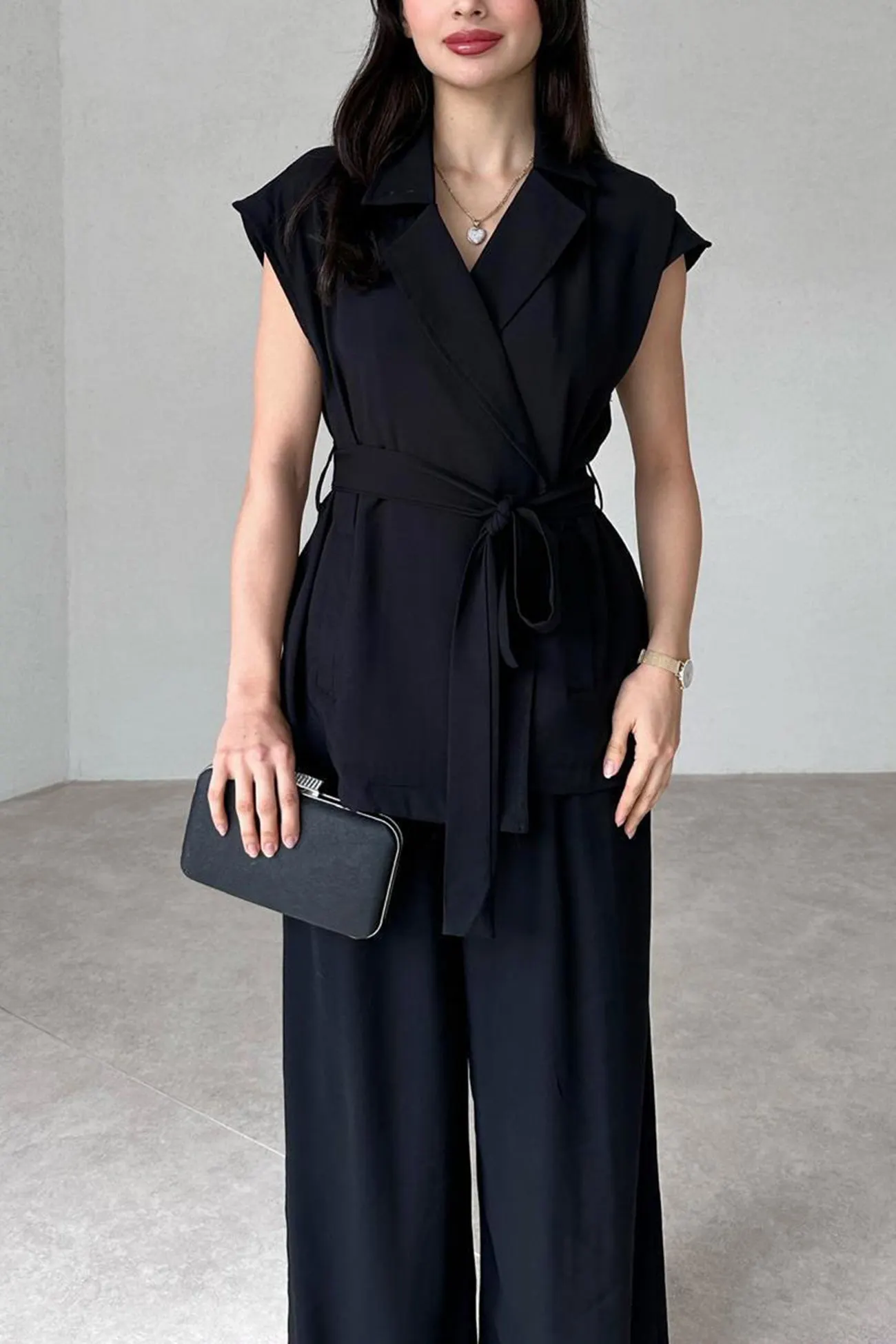 Maxct Cap Sleeve Tie-waist Suit Pants Set