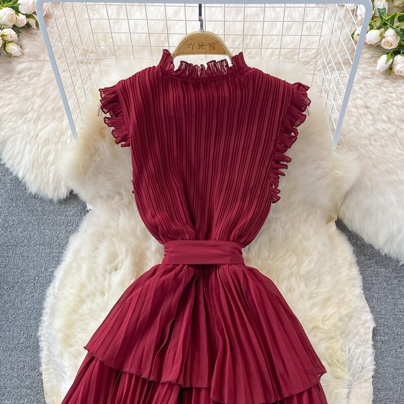 Women's Purple/Pink/Green Draped Dress Vintage Ruffle Stand Collar Sleeveless High Waist Party Pleated Vestidos Female New