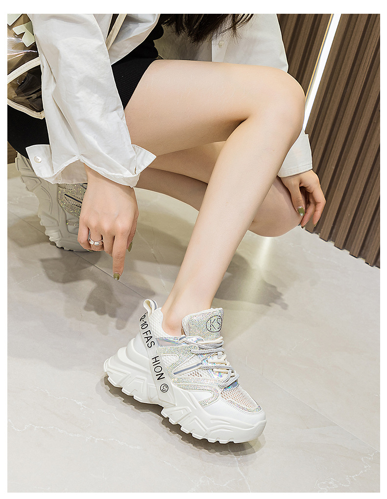 6cm Air Mesh Leather Bling Chunky Sneakers