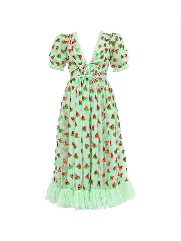 Sequined Strawberry Mesh Pleated Maxi Dress Maxct