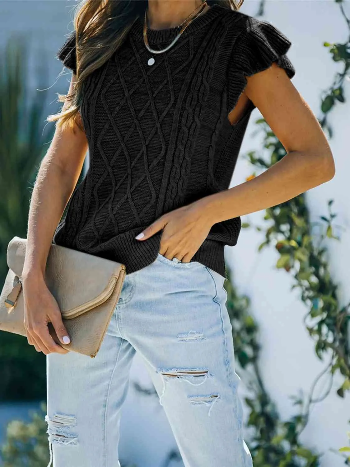Maxct &Round Neck Cap Sleeve Sweater