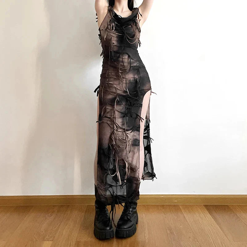 Grunge Dress y2k Tie Dye Print Sleeveless Side Split Hooded Dress Gothic Party Dresses Halloween Costume Maxct