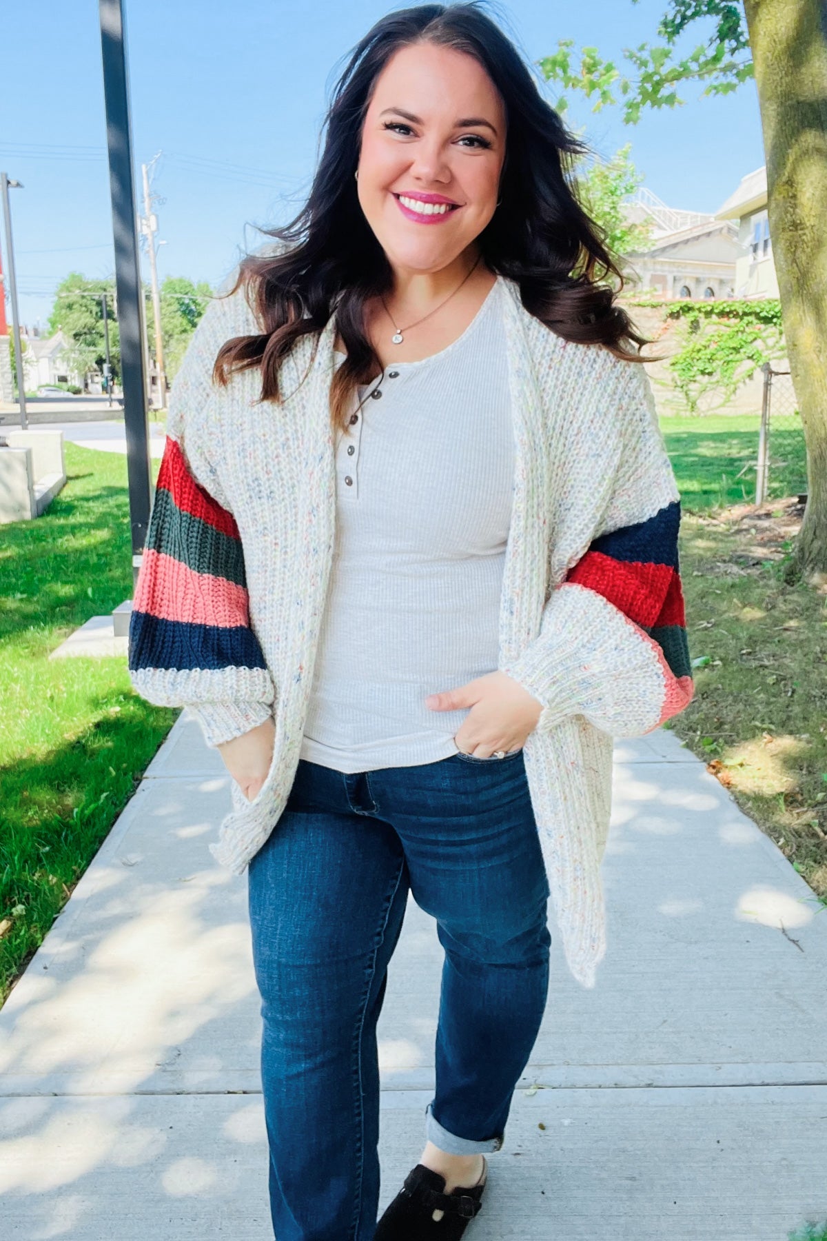 Maxct &Weekend Ready Ivory Multicolor Mixed Thread Bubble Sleeve Cardigan