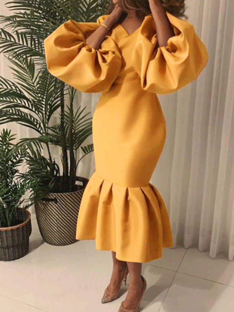 Lantern Sleeve Midi Fishtail Dress Maxct
