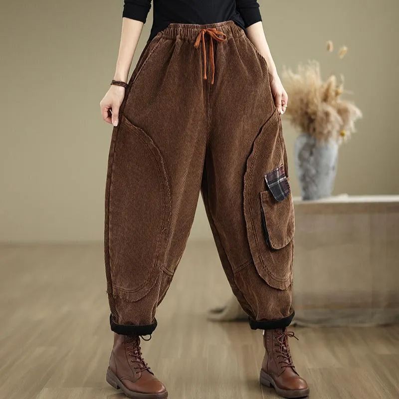Maxct Women Winter Corduroy Fleece-Lined Casual Cropped Harem Pants