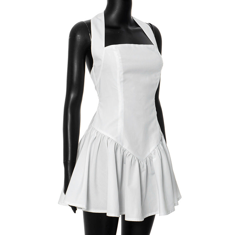 Maxct Frill Mini Halter Dress For Women Splice Sexy Backless A-Line Hem Lace Up High Waisted Female Beach Black Bodycon Dress