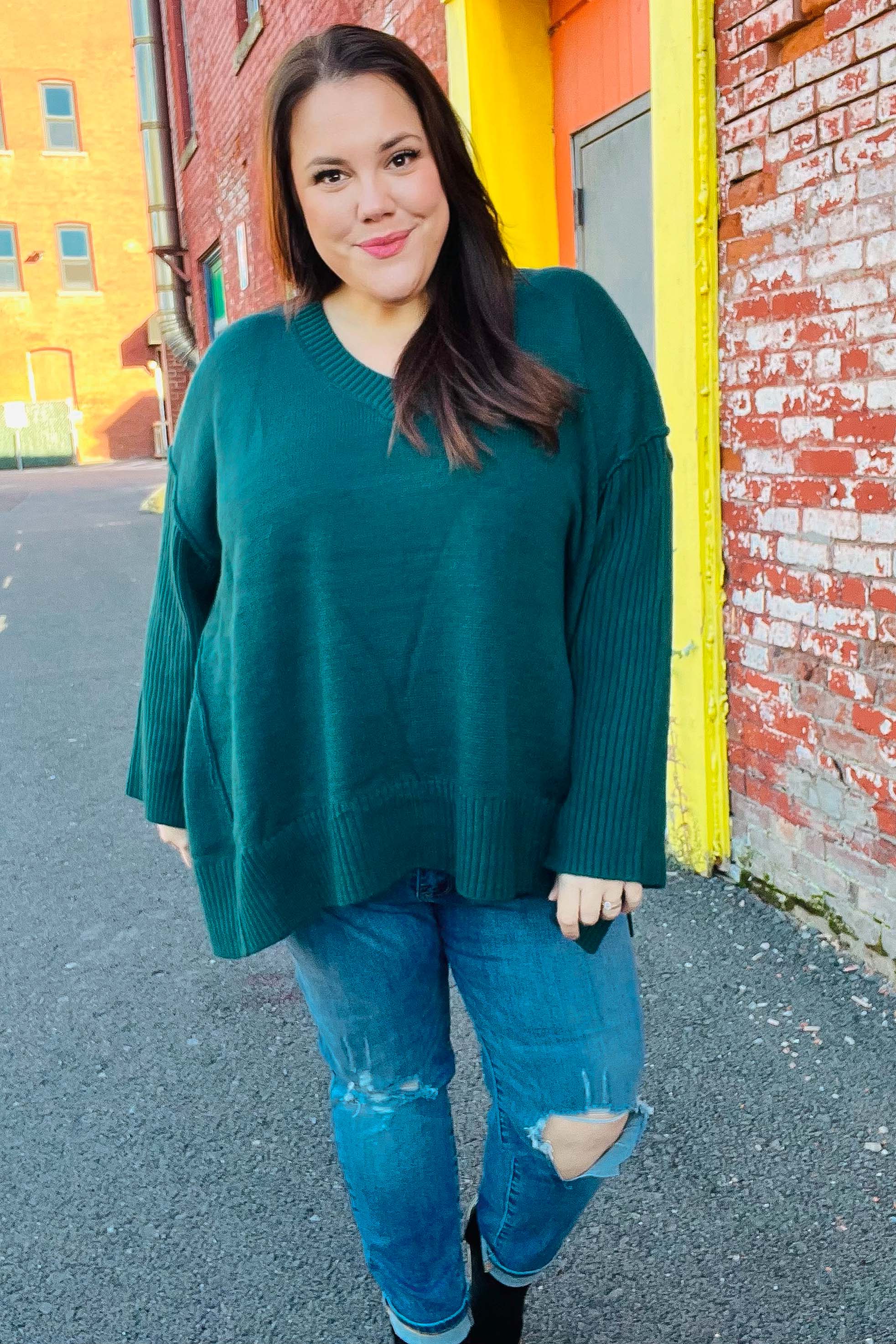 Maxct &Casual Chic Hunter Green Oversized V Neck Rib Knit Sweater