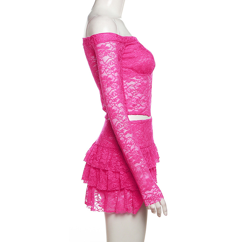 Sheer Lace Pink Two Piece Set Tiered Mini Skirt And Top Y2k Chic Outfits for Long Sleeve Dresses