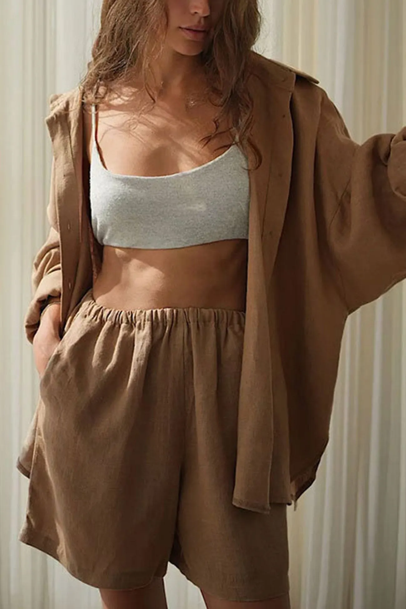 Maxct Cotton Slit Hem Blouse Shorts Suits