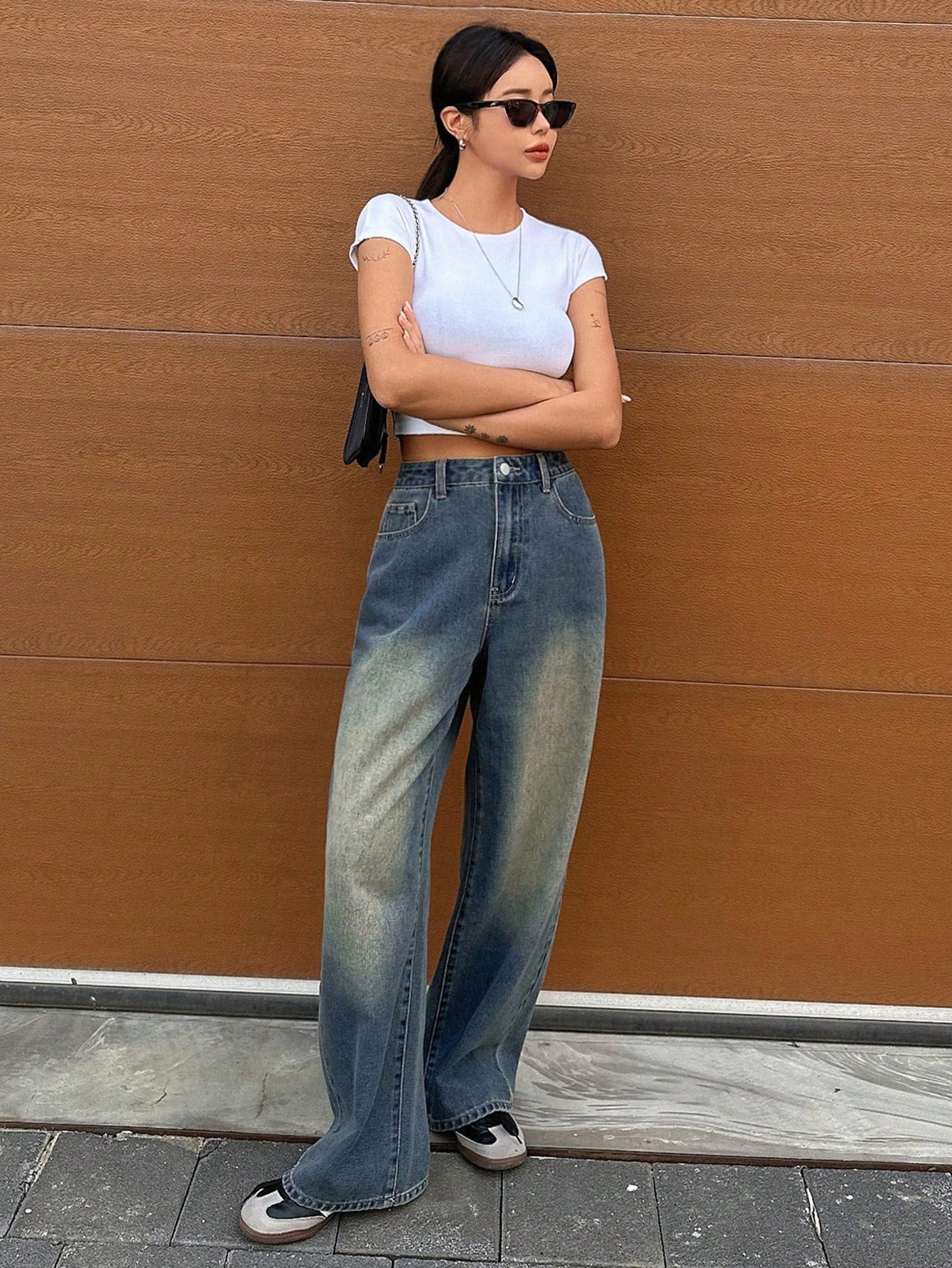 Maxct Women's Solid Color Simple Daily Wear Denim Pants