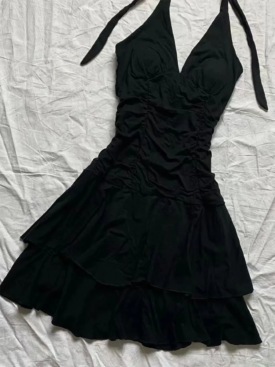 Punk Vintage 90s Korea Dress Sweet Girl High Waist Slim Gothic Harajuku Y2k Short Halter Dress