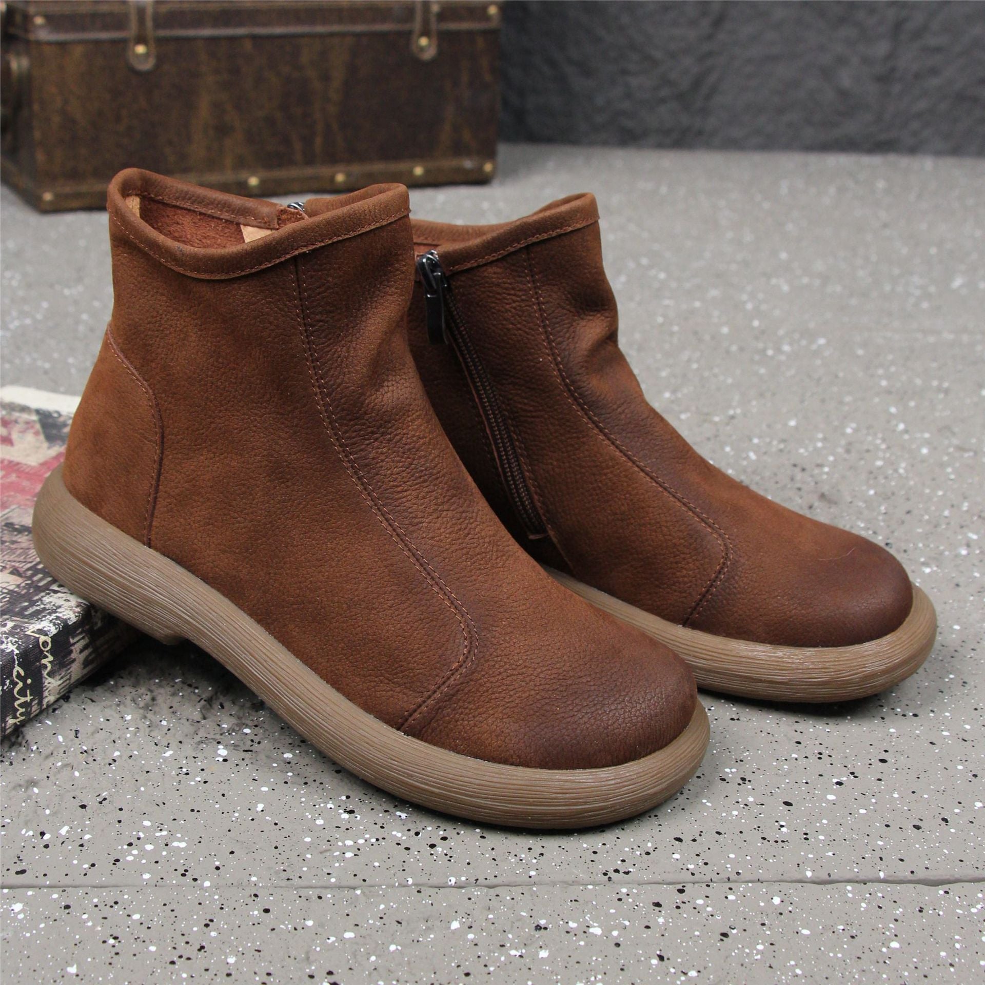 Autumn Leather Retro Plus Size Zipper Loose Ankle Boots