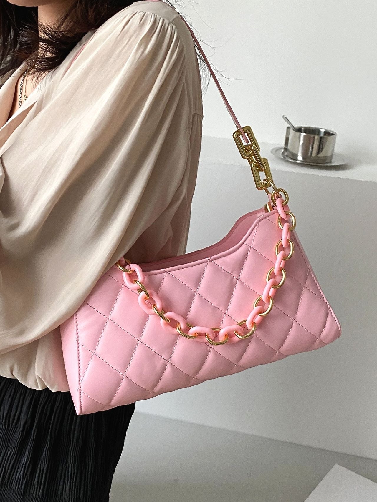 Bag For Love - Minimalist Quilted Chain Baguette Bag  - Women Maxct Bags