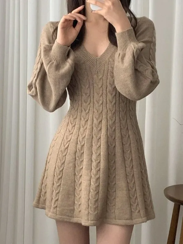 V Neck Cable Knit Long Sleeve Mini Dress Maxct