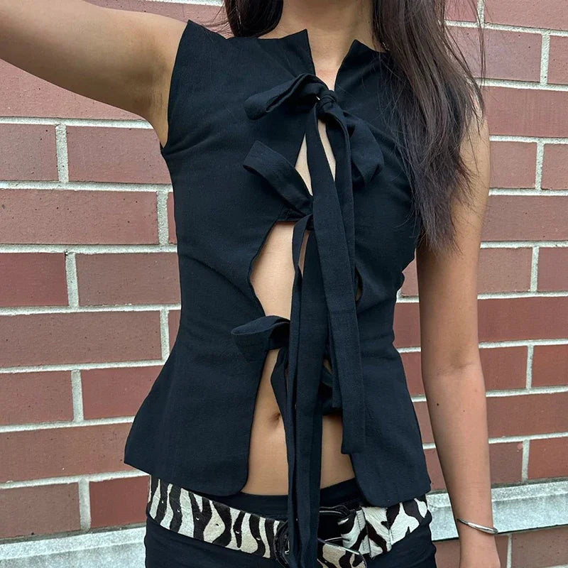 Maxct Sexy Crop Top Sleeveless Slim Fit Bandage Hollow Out Women's Beach Party Tank Top Solid Color Fashion Hot Girl T-Shirt