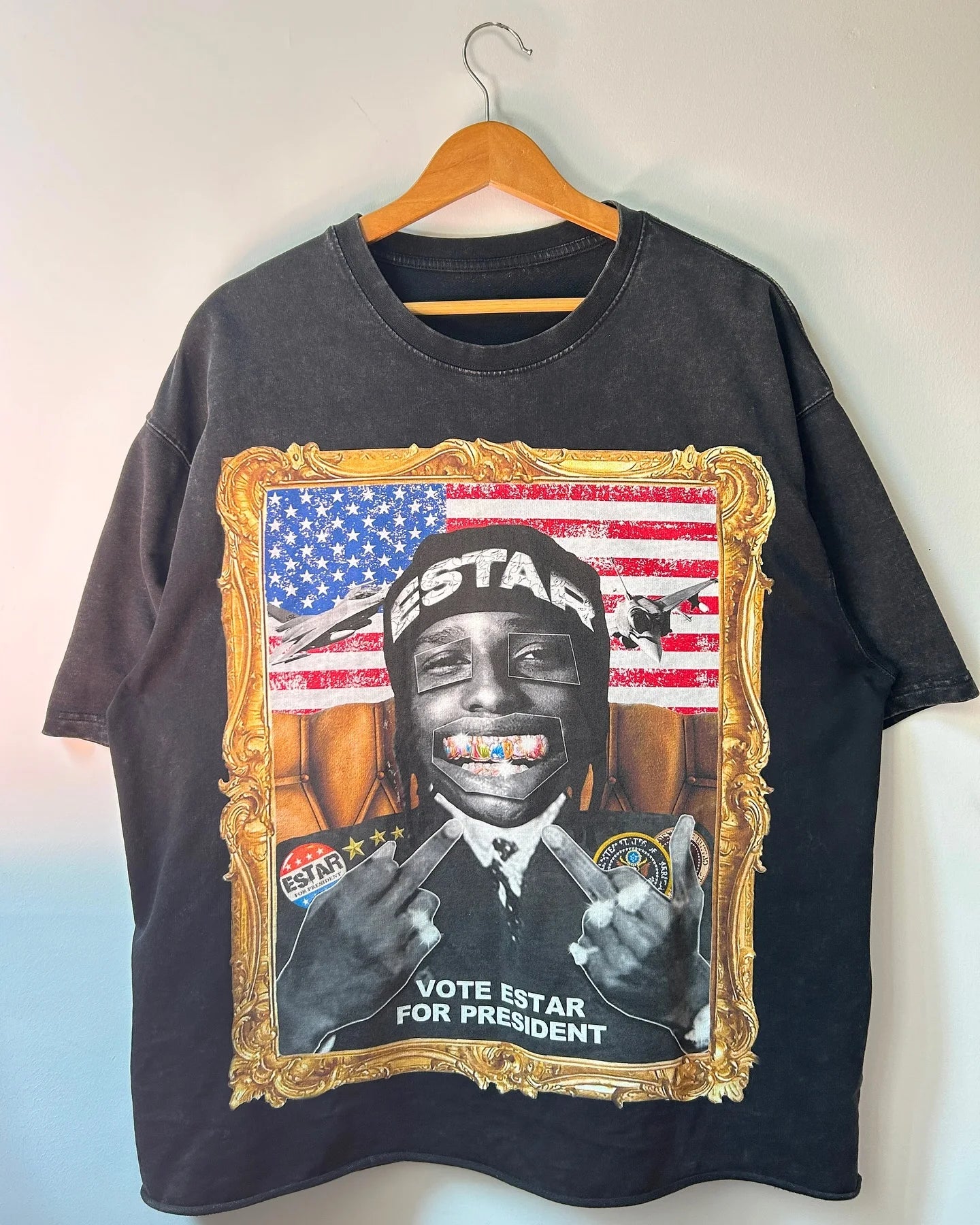 Maxct American style Gothic portrait print oversized T-shirt men's Y2K street hip-hop Harajuku loose and versatile short sleeved top