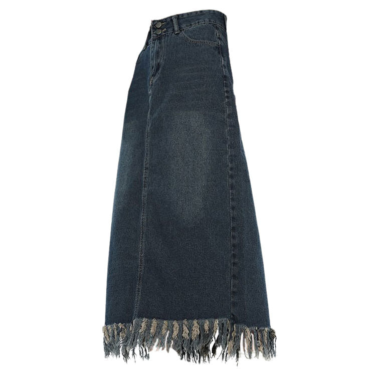 Aesthetic Long Denim Fringe Skirt Maxct