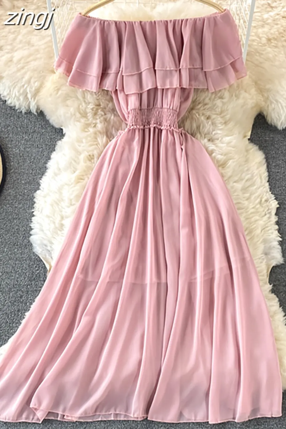 Maxct Chiffon Dress Women Sexy Slash Neck Ruffle Robe Elegant Ruffle High Waist Vestidos Female Beach Vacation New