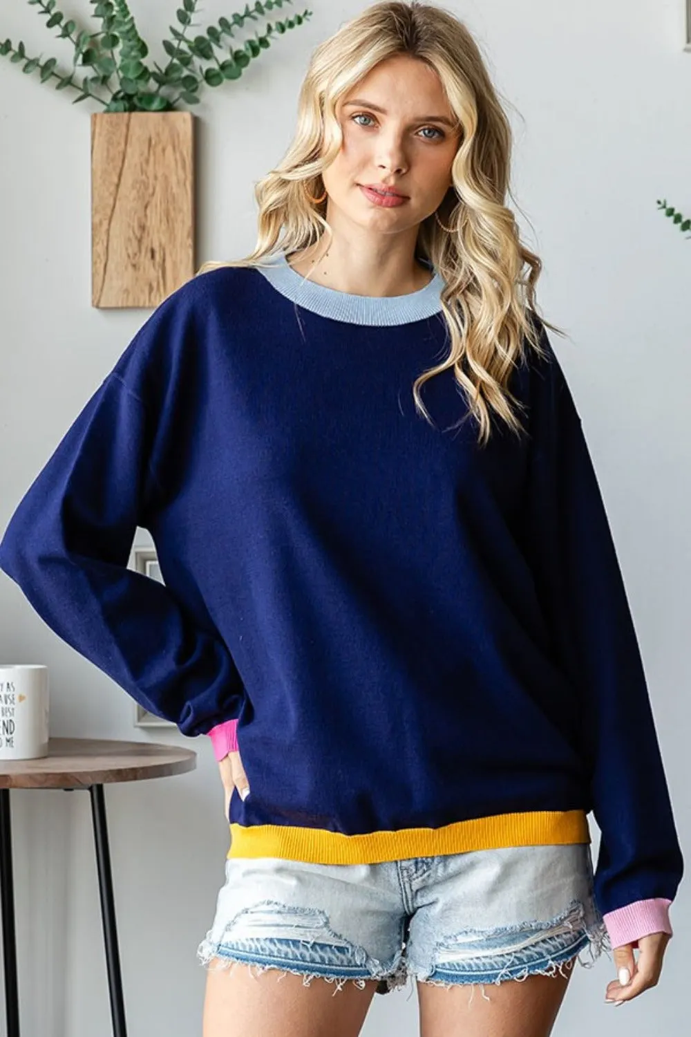 Maxct &First Love Contrast Ribbed Round Neck Long Sleeve Sweater