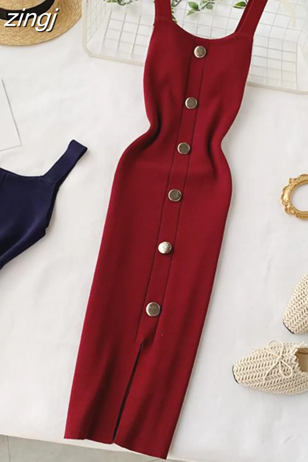 Maxct Summer Pink/Red/White/Black Women Knitted Dress Vintage High Waist Button Single-breasted Slim Casual Dress For Female New