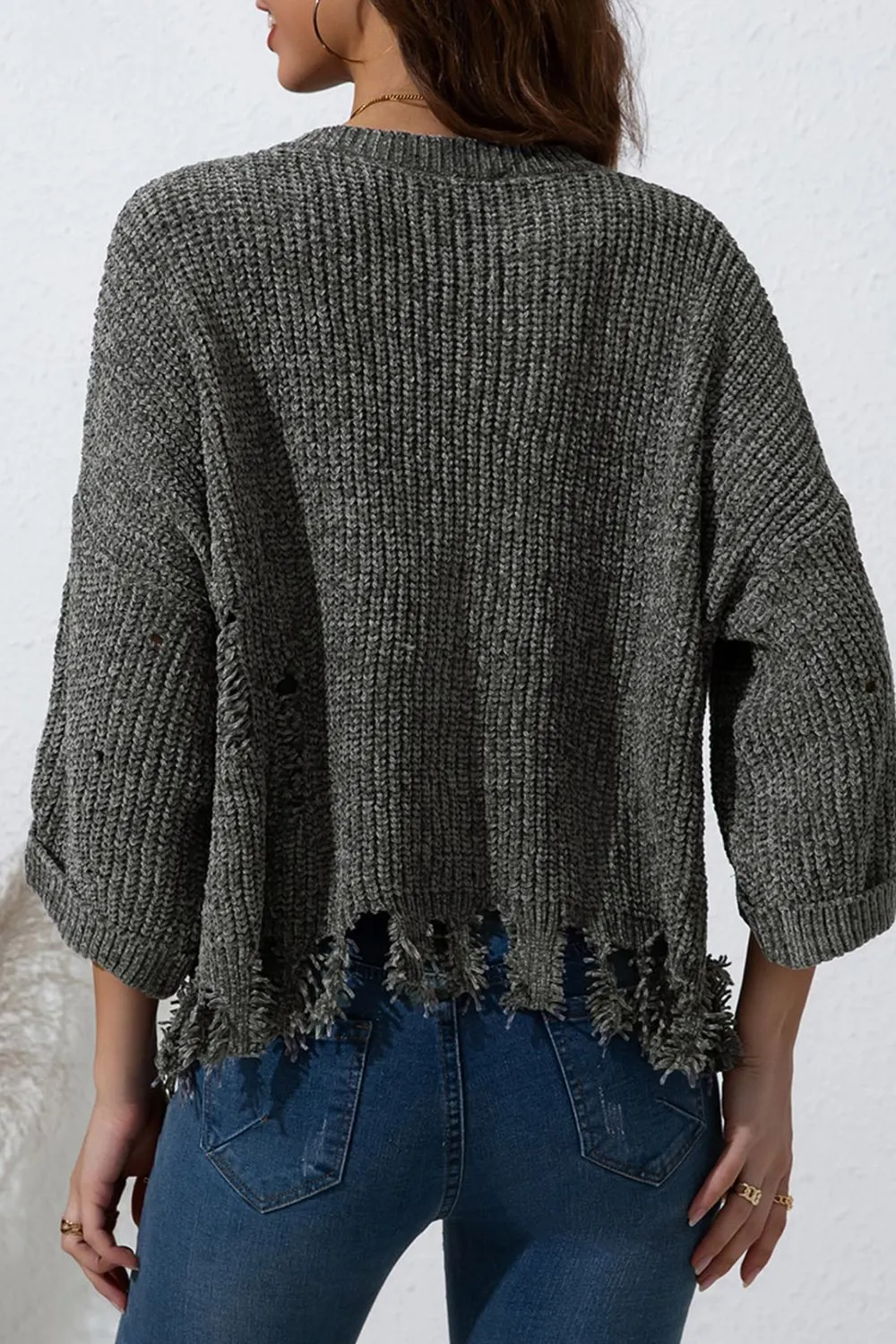 Maxct &Distressed Round Neck Drop Shoulder Sweater