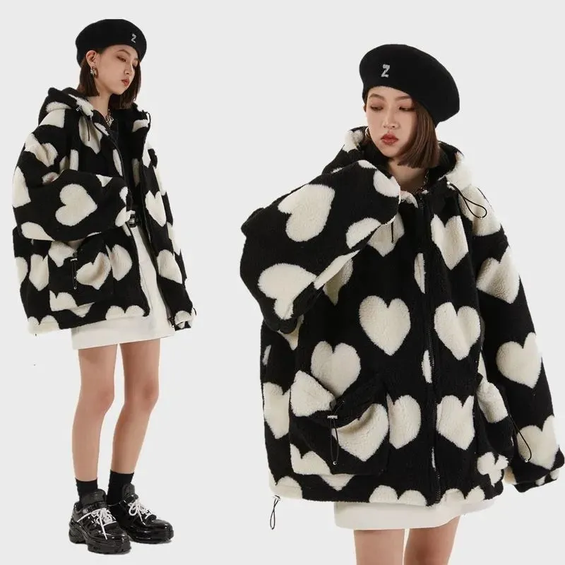 Student Hoodie Cotton Women's Hearts Print Fur Jacket Maxct