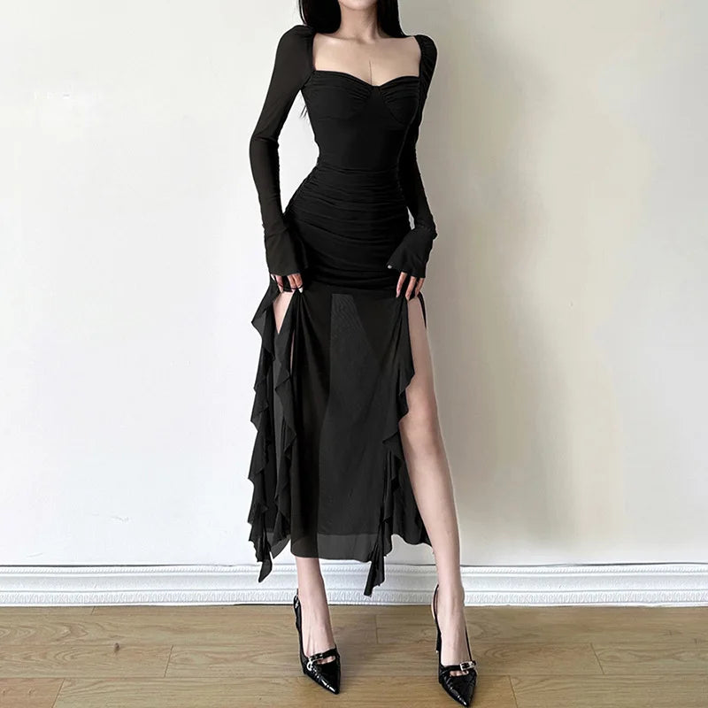 Y2k Gentle Temperament Ruffled Square Collar Slit Dress FeCross-Border Solid Color Long Sleeve Strap Wrapped Hip Long Dress Maxct