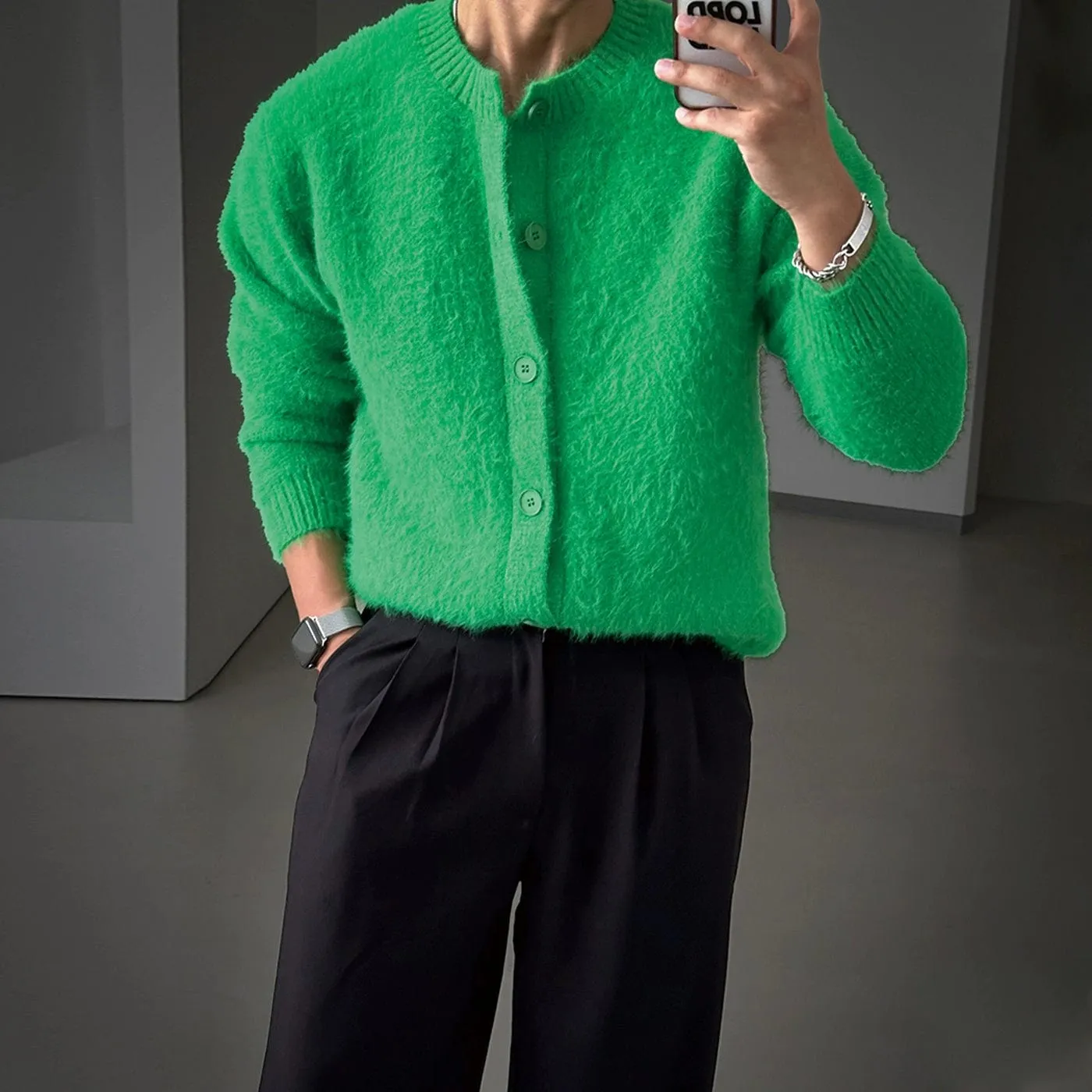 Unisex Brushed-Mohair Round-Neck Cardigan