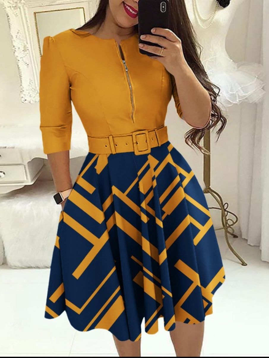 Women's Printed Belted Fit-and-Flare Dress