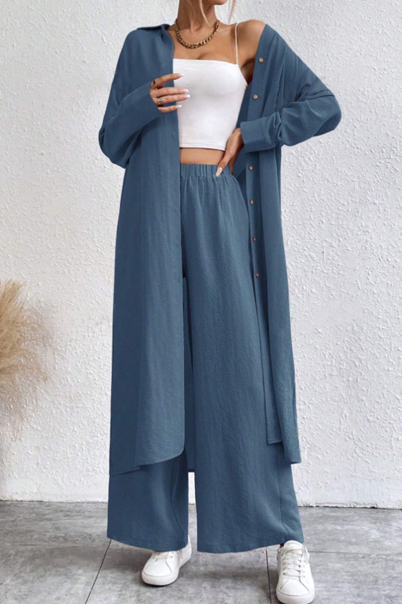 Maxct Solid Long Shirt Wide Leg Pants Set
