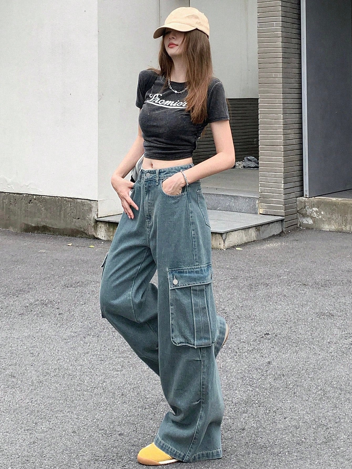 Maxct Women's Wide Leg Denim Pants Loose Fit Cargo Jeans With Pockets