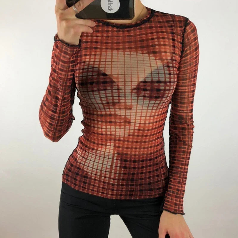 Maxct Gothic Black Pachtwork Mesh Sheer T-shirt Graphic 90s Vintage Women Long Sleeve Slim Fit Crop Top Harajuku Streetwear